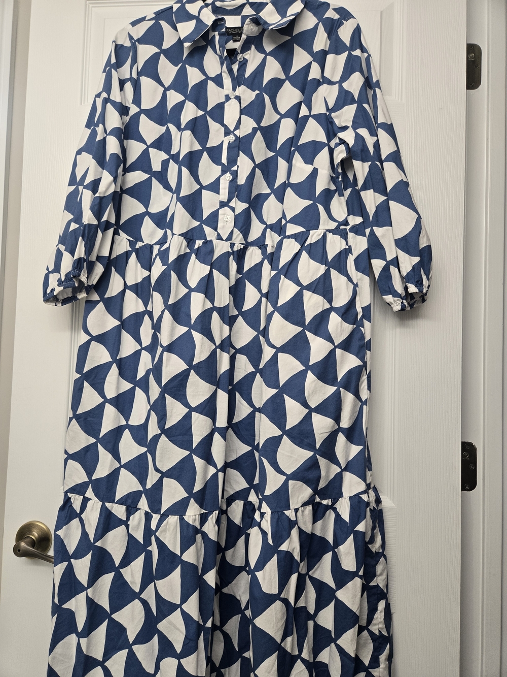Rachel Zoe Blue & White Geometric Tiered Maxi Button  Dress